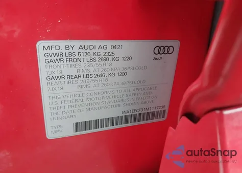 2021 Audi Q3 Premium Plus 45 Tfsi S Line Quattro Tiptronic z USA, uszkodzony, nr VIN WA1EECF31M1117235